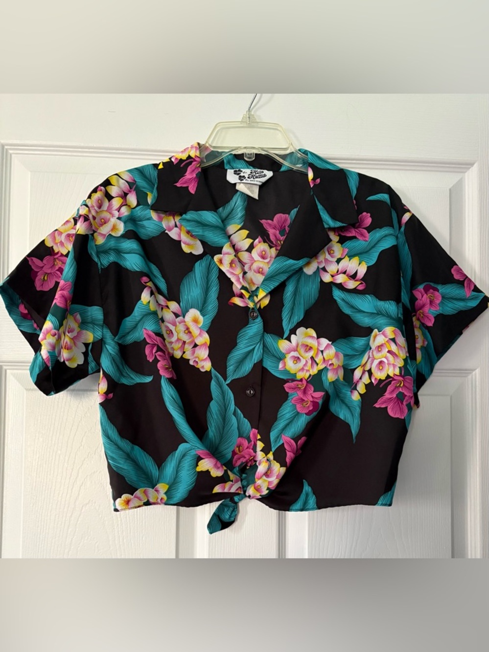 Vintage Hilo Hattie Hawaiin cropped Button/Tie Camp Shirt black Teal Pink large